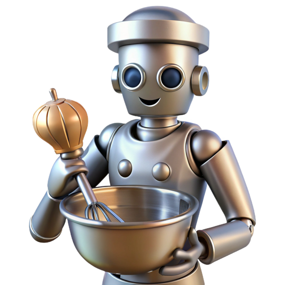 beautiful traditional Robot chef, metallic, whisking bowl, culinary tools premium png