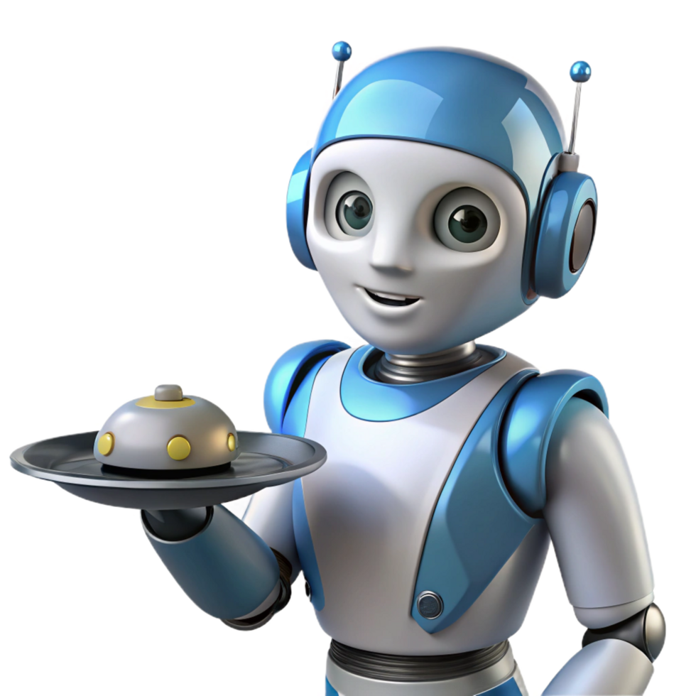 elegant traditional AI robot assistant, humanoid, serving tray high quality png