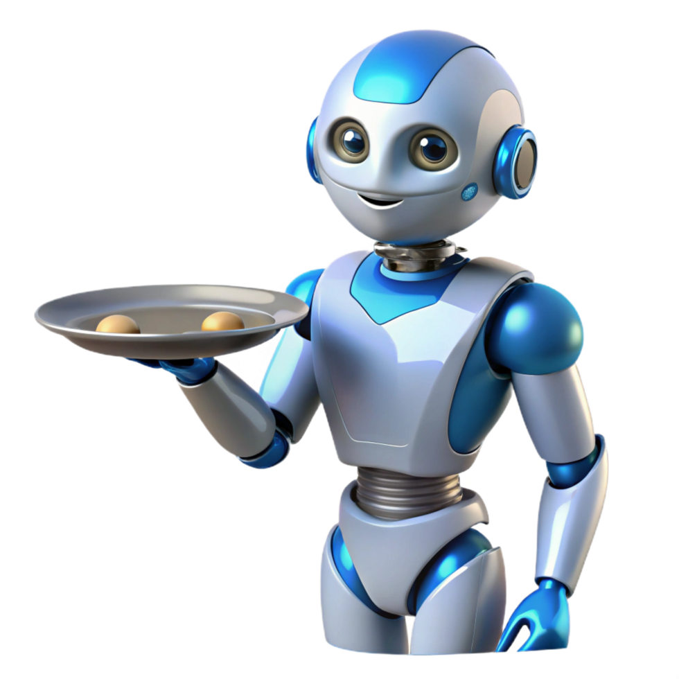 dramatic vintage AI robot assistant, humanoid, serving tray authentic png