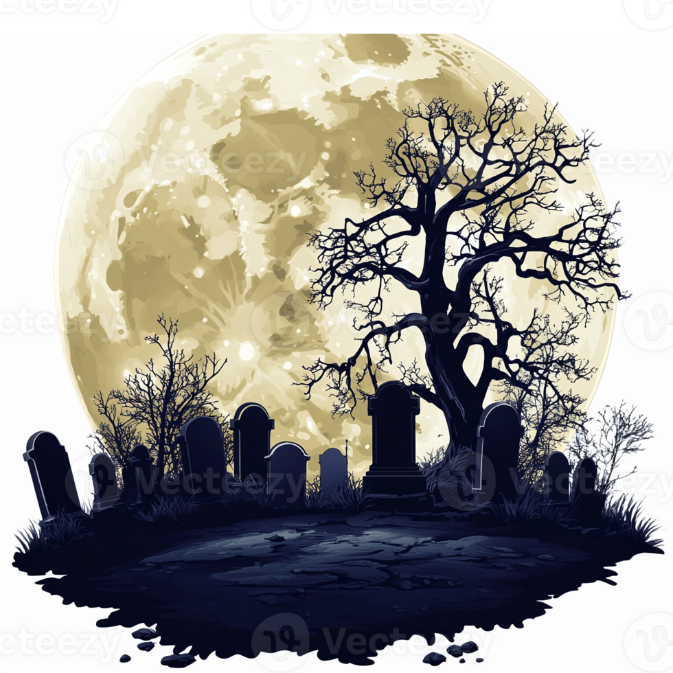 Eerie Graveyard Silhouette with Full Moon and Barren Trees for Halloween Decor png