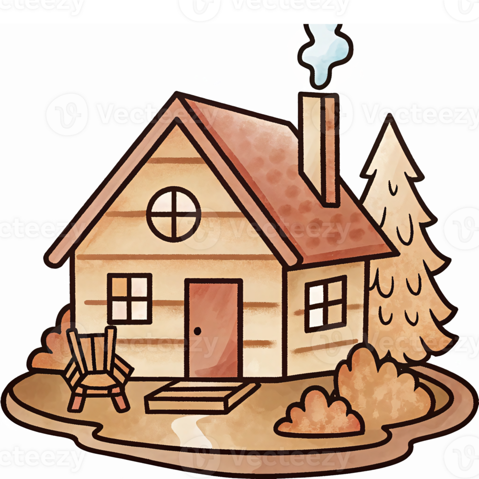 Cozy Wooden House with Smoke Rising from Chimney Surrounded by Trees and Grass png