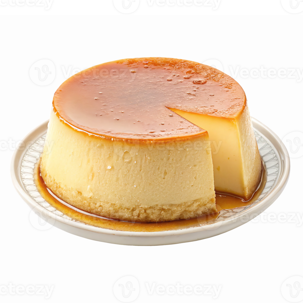 Delicious Creamy Flan Dessert on Plate with Caramel Topping and Slice Removed png