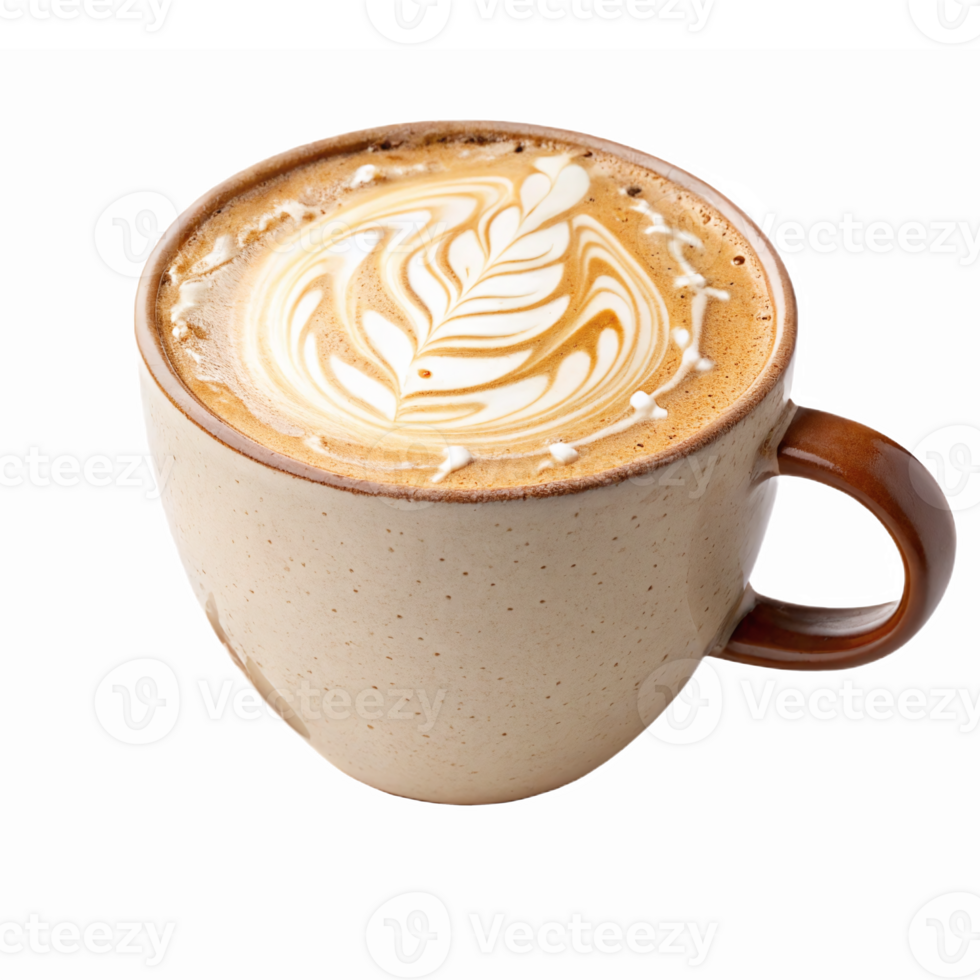 Beautiful Latte Art in Creamy Coffee Cup with Leaf Design on a Transparent Background png