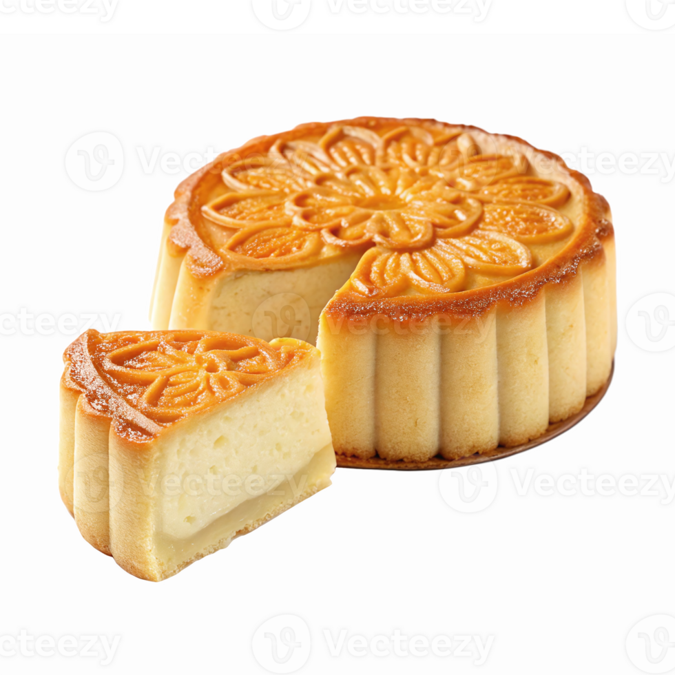 Deliciously Crafted Mooncake with Intricate Floral Design and Slice Cut Out for Tasting png