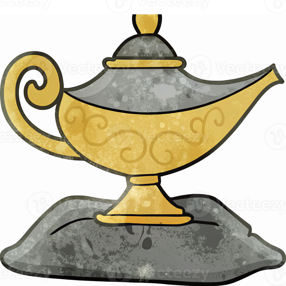 Golden Magic Lamp with Ornate Design on Stone Base for Fantasy and Adventure Themes png