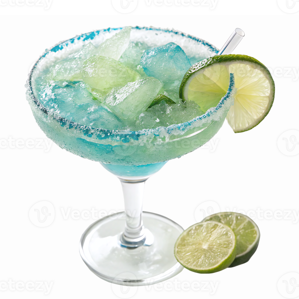 Refreshing Blue Margarita Cocktail with Lime Slices and Ice in a Glass png