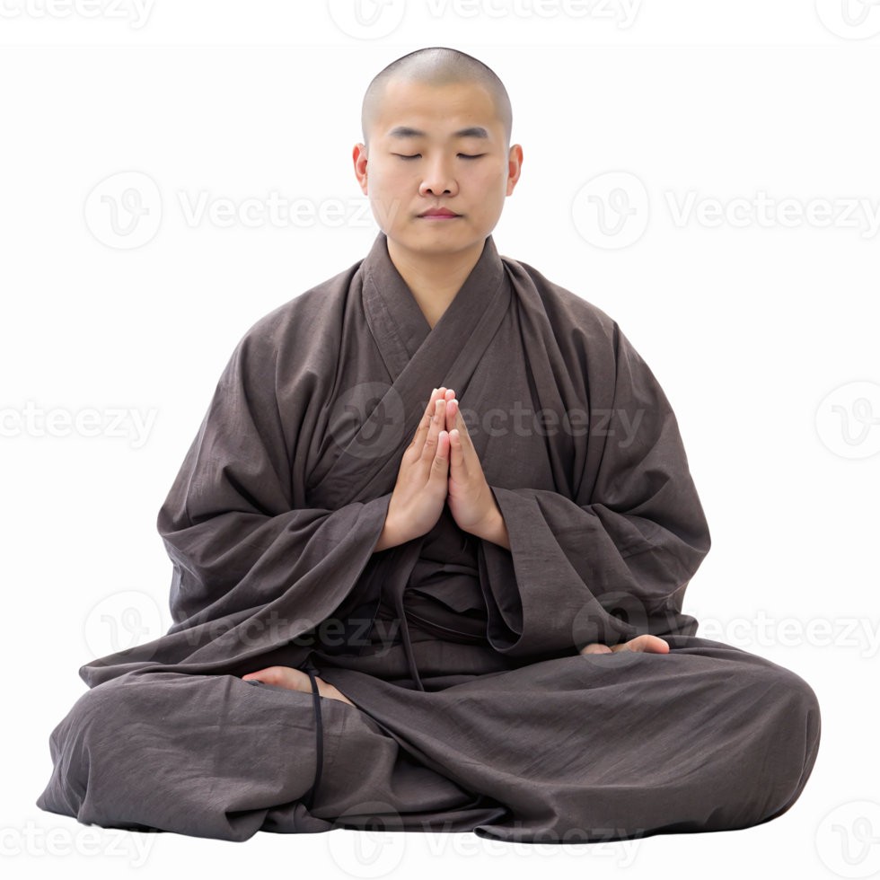 Meditating Monk in Traditional Robes with Closed Eyes in a Peaceful Sitting Pose png