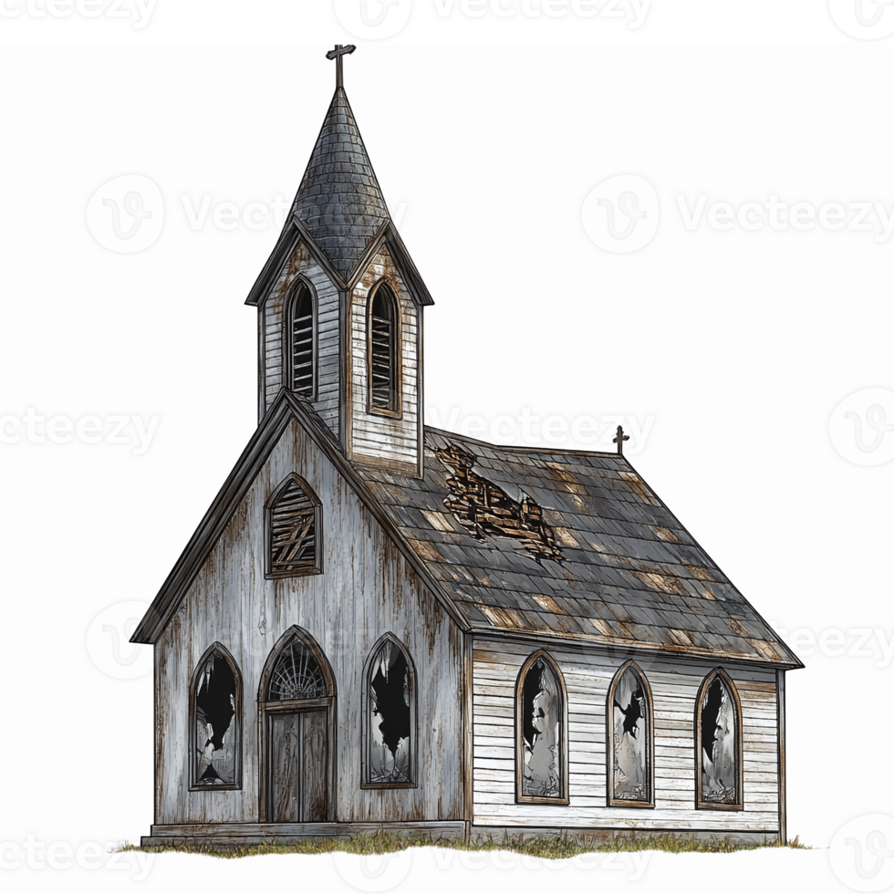 Abandoned Rustic Church Building with Dilapidated Structure and Broken Windows png