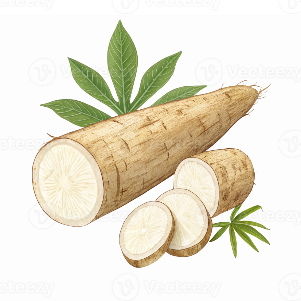 Fresh Horseradish Root and Slices with Green Leaves on Transparent Background png
