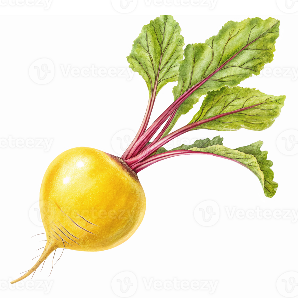 Realistic Illustration of Yellow Turnip with Green Leaves and Roots on Transparent Background png