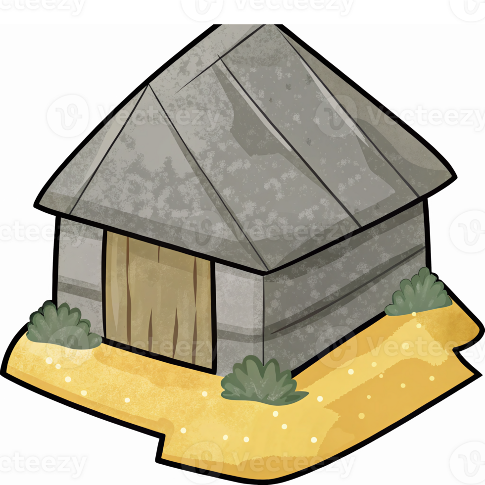 Rustic Stone Cottage Surrounded by Yellow Sand and Green Plants for Nature Themed Designs png