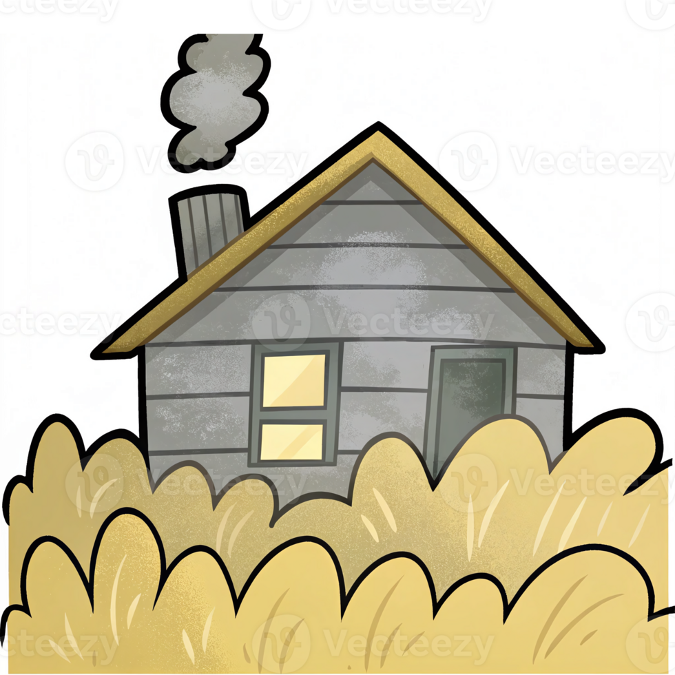 Cozy Home Surrounded by Tall Grass with Smoke Rising from the Chimney png