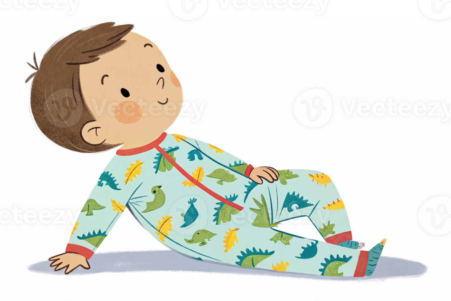 Playful Child in Dinosaur Pajamas Relaxing on Floor png