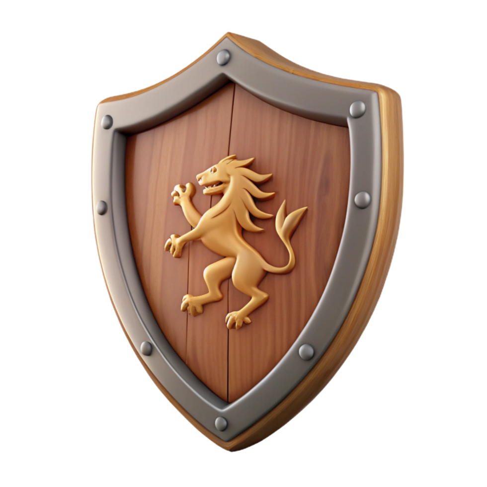 wonderful classic A wooden shield, emblazoned with a heraldic lion high resolution png