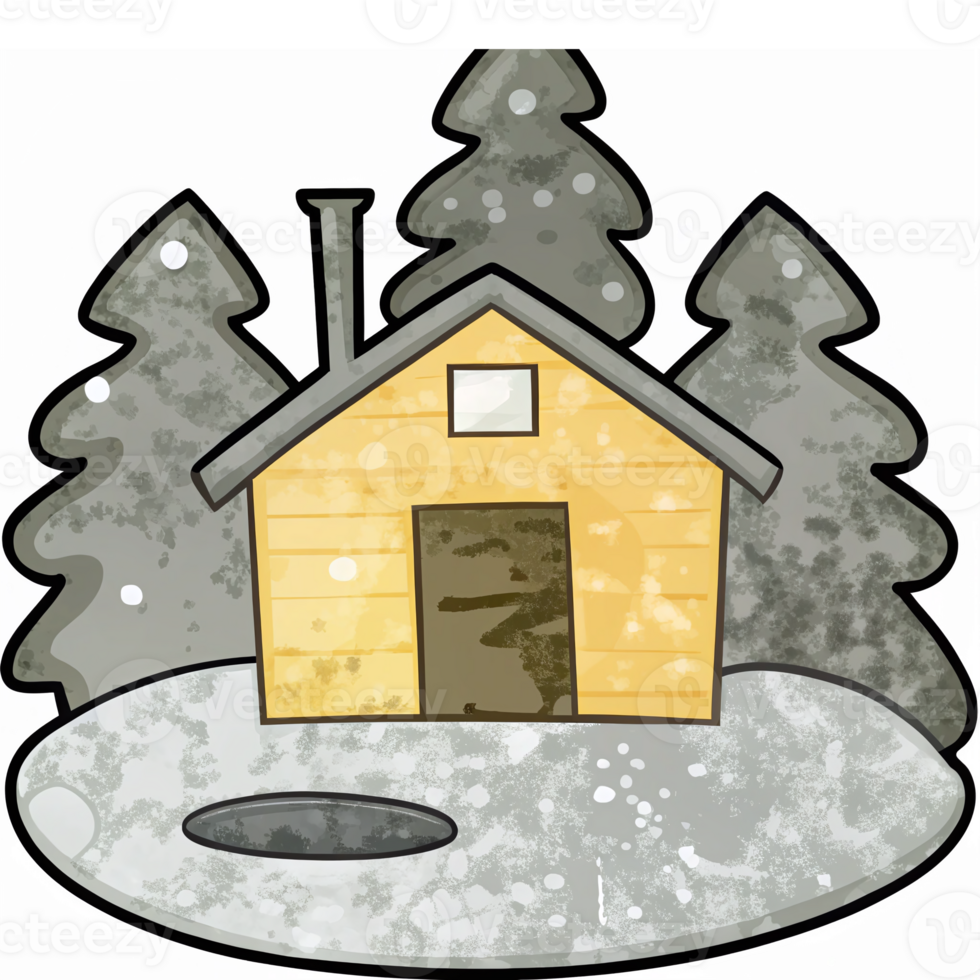 Cozy Cabin Surrounded by Snowy Pine Trees in Winter Landscape with Transparent Background png