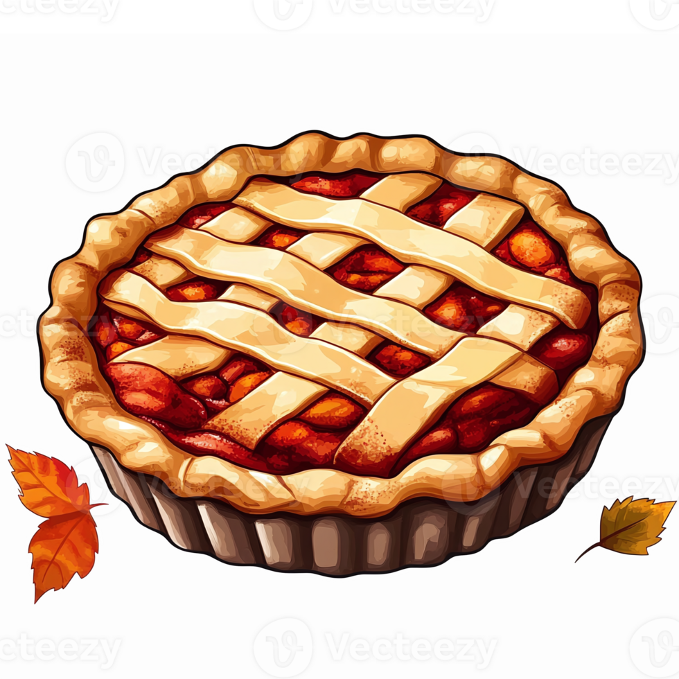 Delicious Homemade Apple Pie with Lattice Crust and Autumn Leaves on Transparent Background png