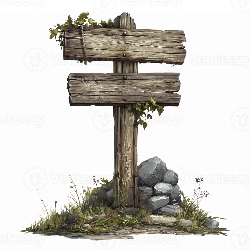 Rustic Wooden Signpost Surrounded by Grass and Stones Ideal for Nature Themed Projects png