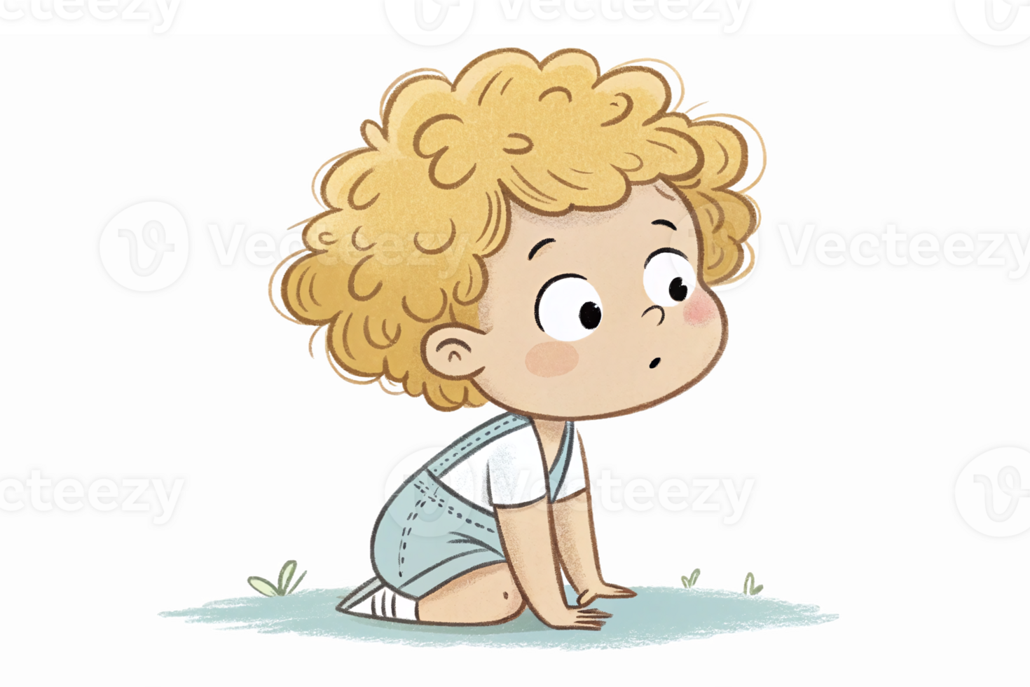Curious Toddler with Curly Hair Kneeling on Grass in Playful Pose Character Design png