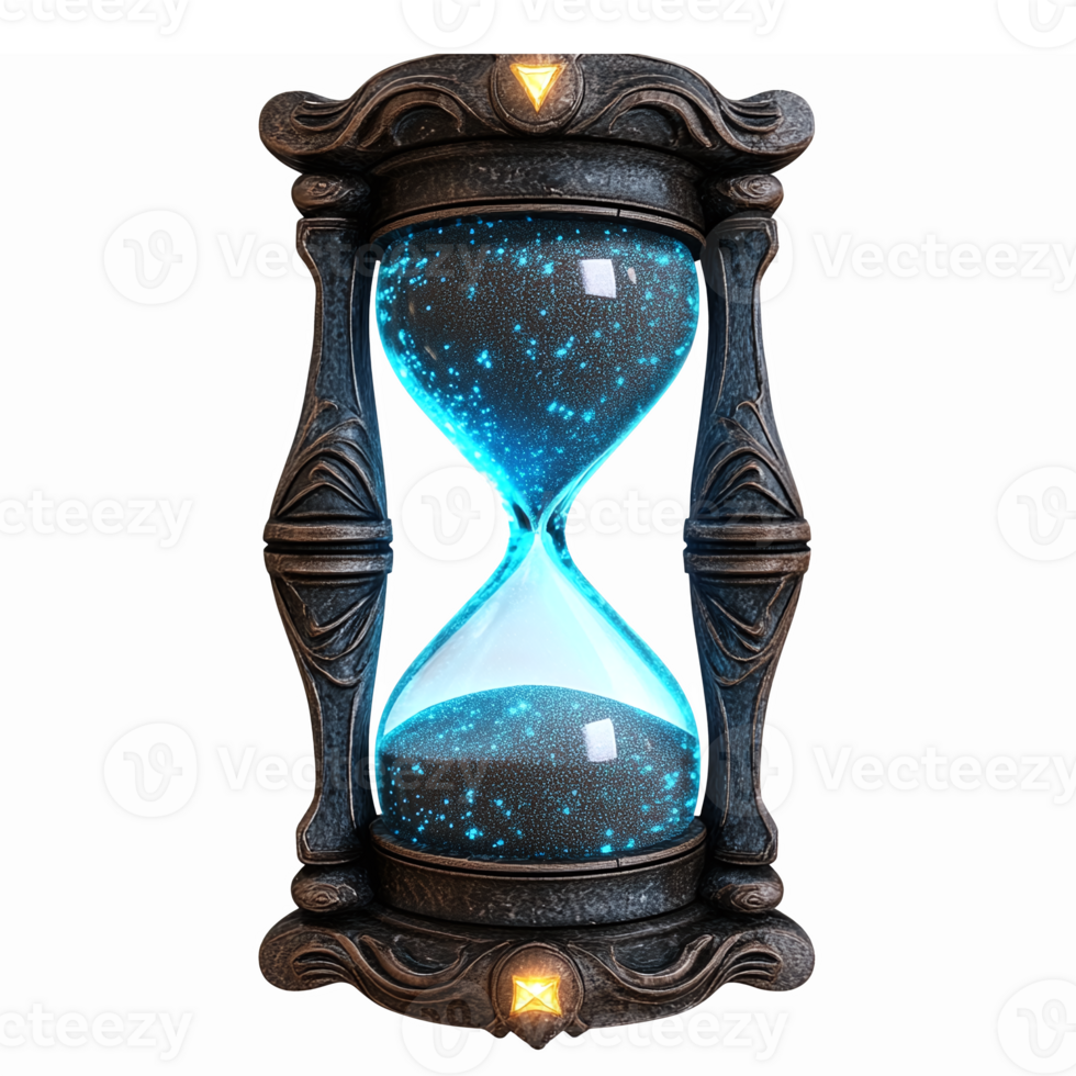 Enchanted Hourglass with Blue Galaxy Sand and Ornate Black Frame for Time Management Themes png