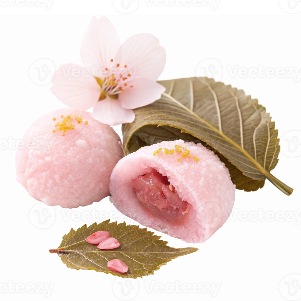 Japanese Sakura Mochi with Pink Rice Cake Cherry Blossom and Green Leaves on Transparent Background png