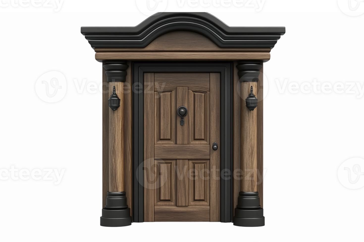 Elegant Wooden Front Door Design with Classic Architecture Elements and Detailed Finishes png