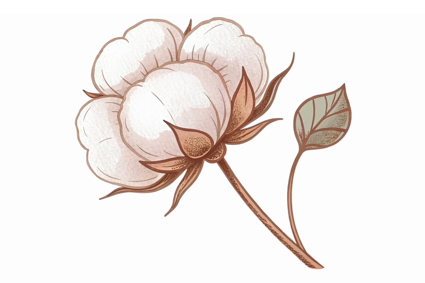 Elegant Cotton Flower Illustration with Leaf for Textiles Fashion and Natural Product Designs png