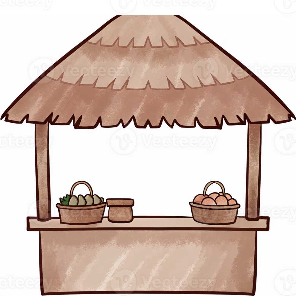 Rustic Market Stall with Straw Roof and Baskets of Fresh Produce and Fruits png