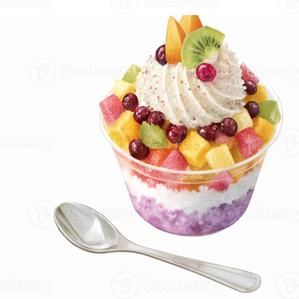 Delicious Colorful Fruit Sundae with Creamy Topping and Fresh Fruits in a Cup png