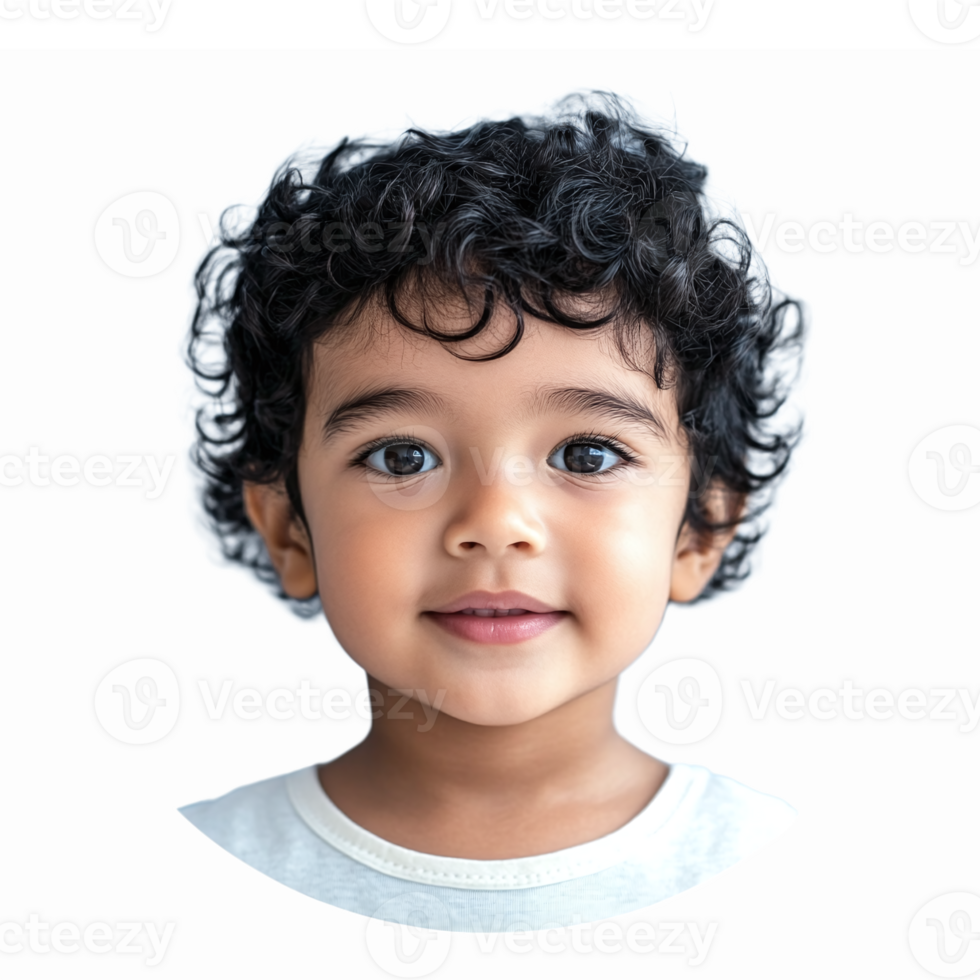 Adorable Child with Curly Hair Smiling Portrait on Transparent Background png