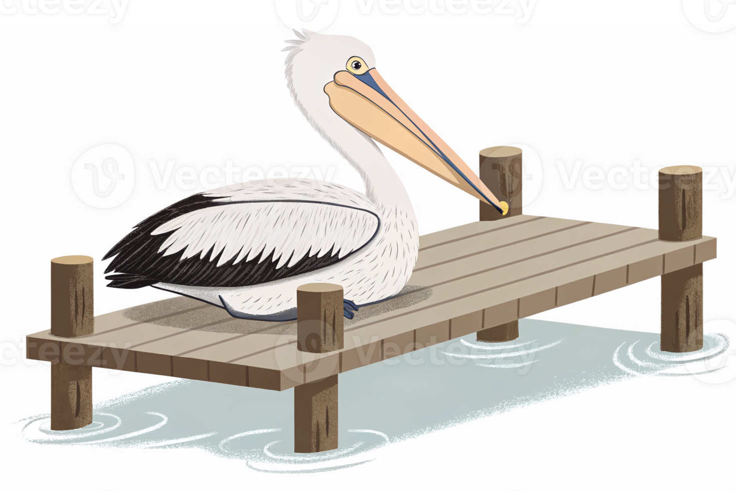 Pelican Sitting on a Wooden Dock Over Water Representing Coastal Wildlife and Nature png