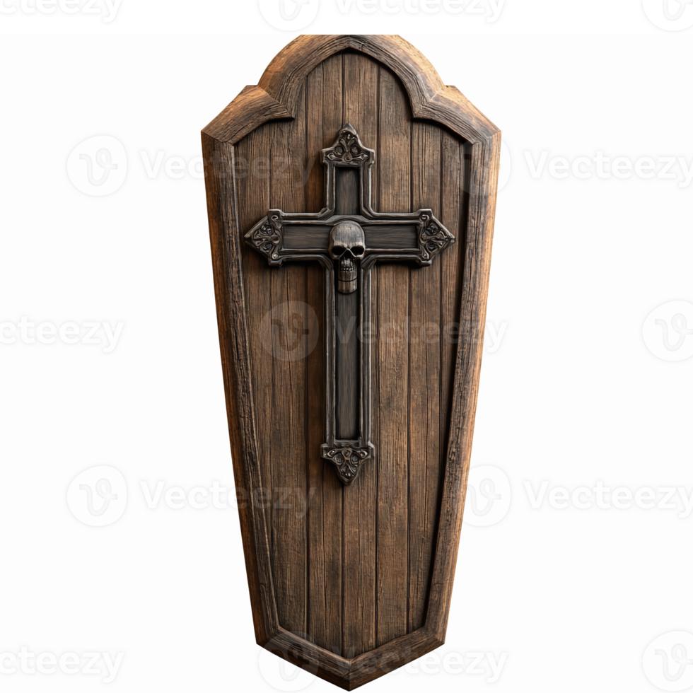 Wooden Coffin with Crucifix and Skull Decorative Design for Halloween Themes and Gothic Decor png