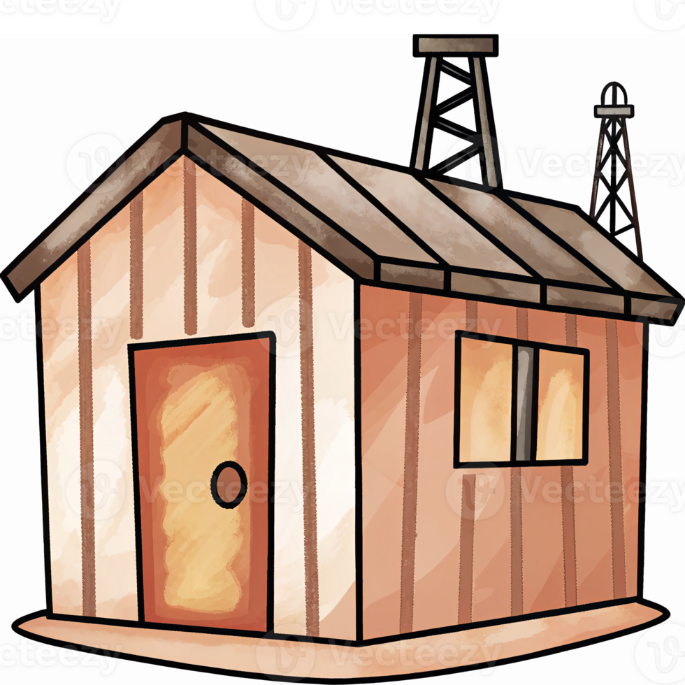 Rustic Wooden Cabin with Satellite Dishes for Communication and Surveillance Uses png