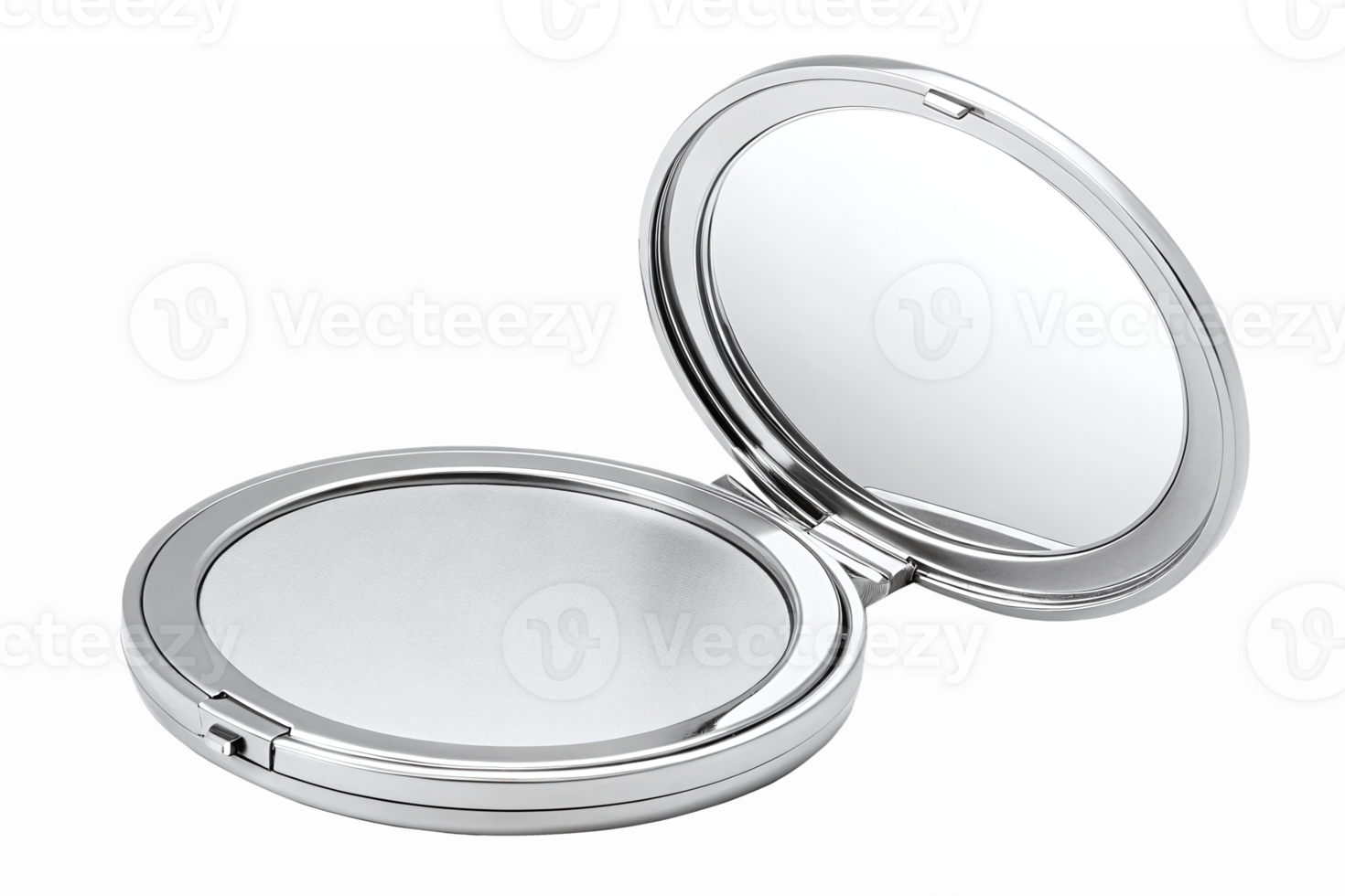 Elegant Open Silver Compact Mirror with Reflective Surface Ideal for Beauty and Fashion png