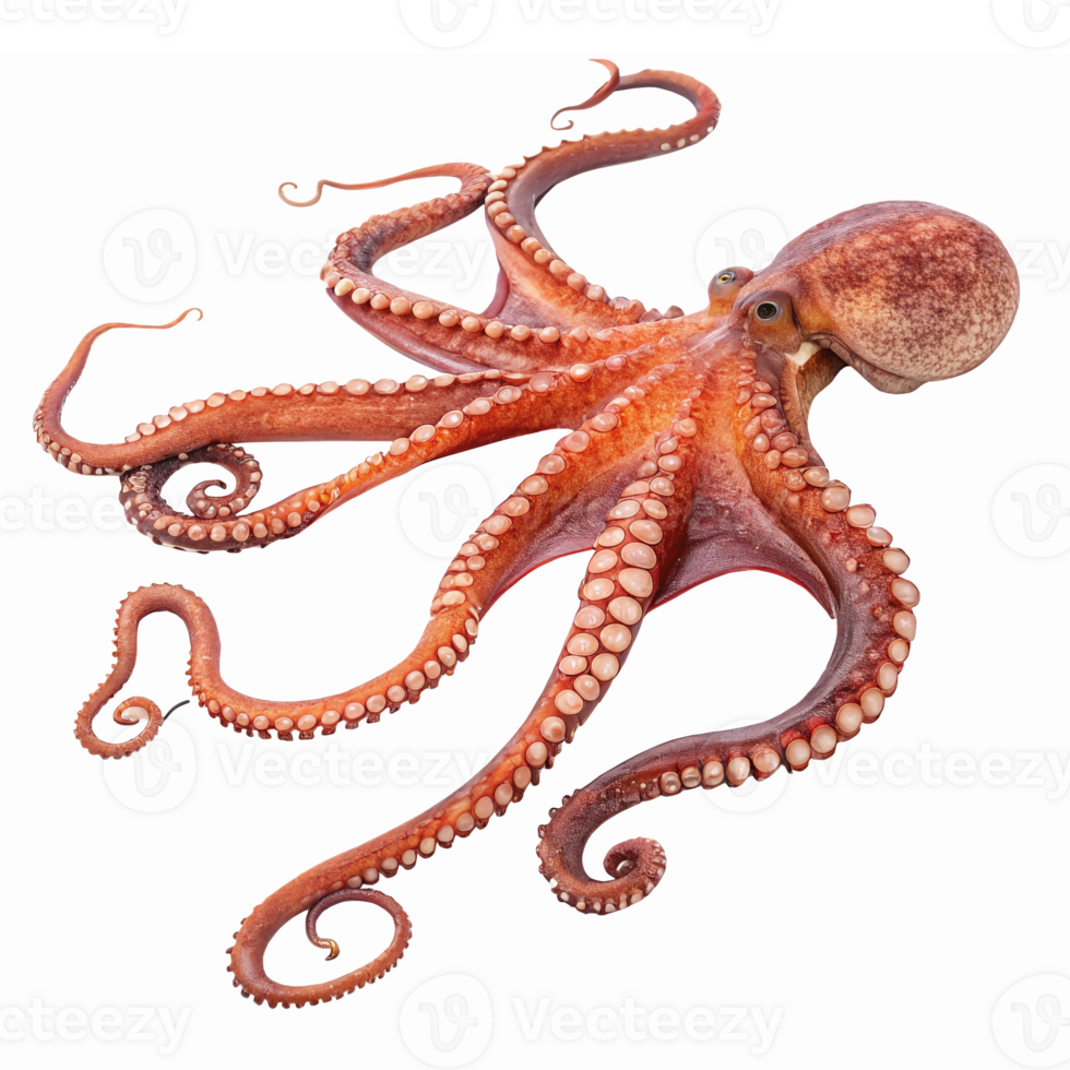 Realistic Red Orange Octopus with Detailed Tentacles and Suckers on Transparent Background png