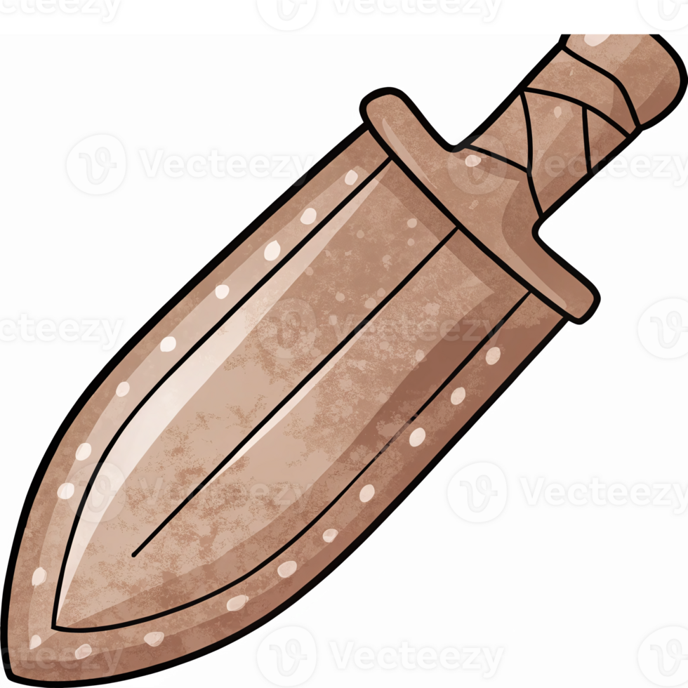 Cartoon Style Brown Wooden Dagger with Decorative Handle and Shiny Blade on Transparent Background png