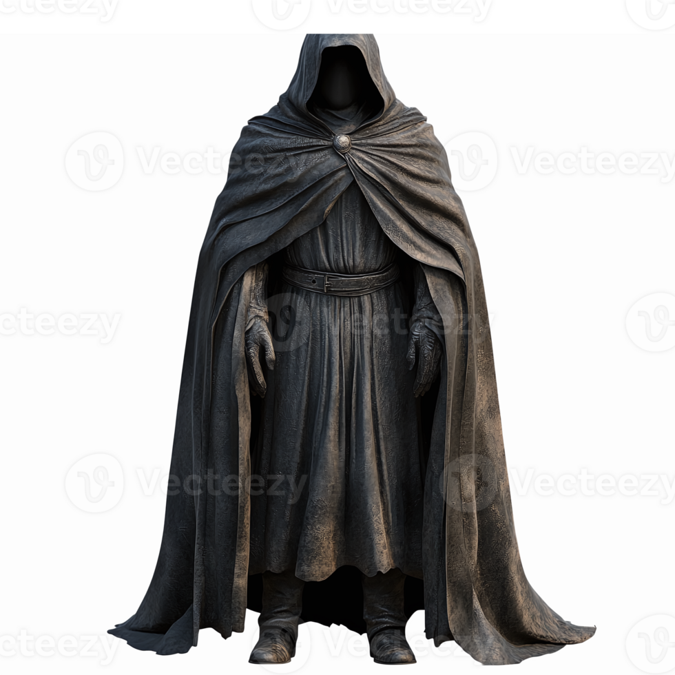 Mysterious Hooded Figure in Cloak Standing Confidently with Dark Robes and Detailed Texture png