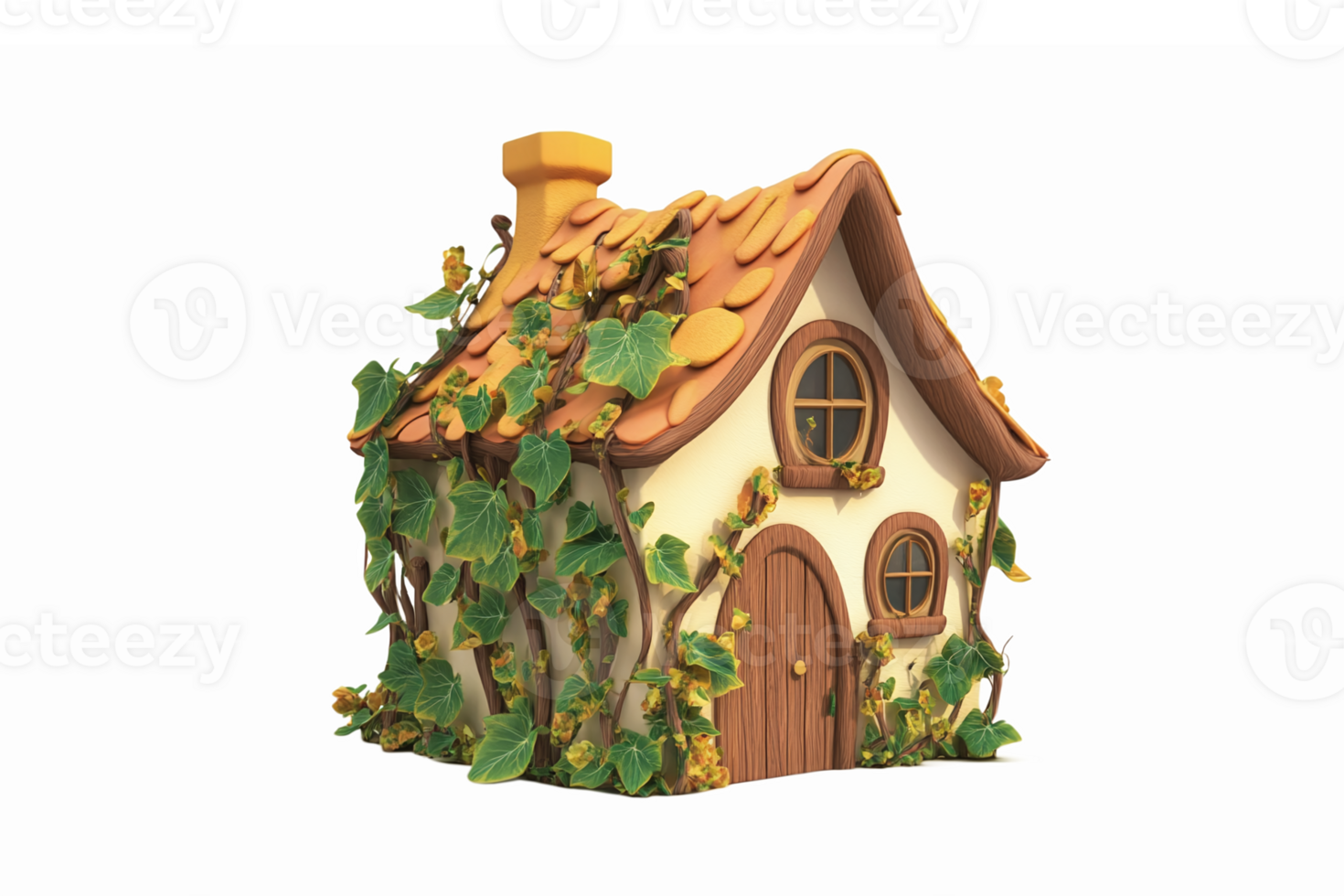 Charming Cottage Surrounded by Lush Green Ivy with Whimsical Architecture and Cozy Appeal png