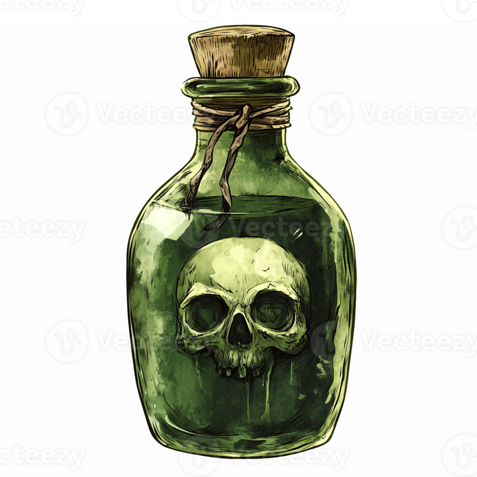Poisonous Green Potion Bottle with Skull Design for Halloween or Gothic Decor png