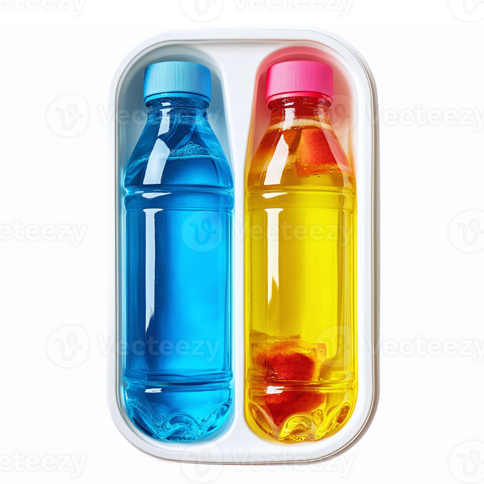 Colorful Beverage Bottles in Transparent Container for Refreshment and Hydration png