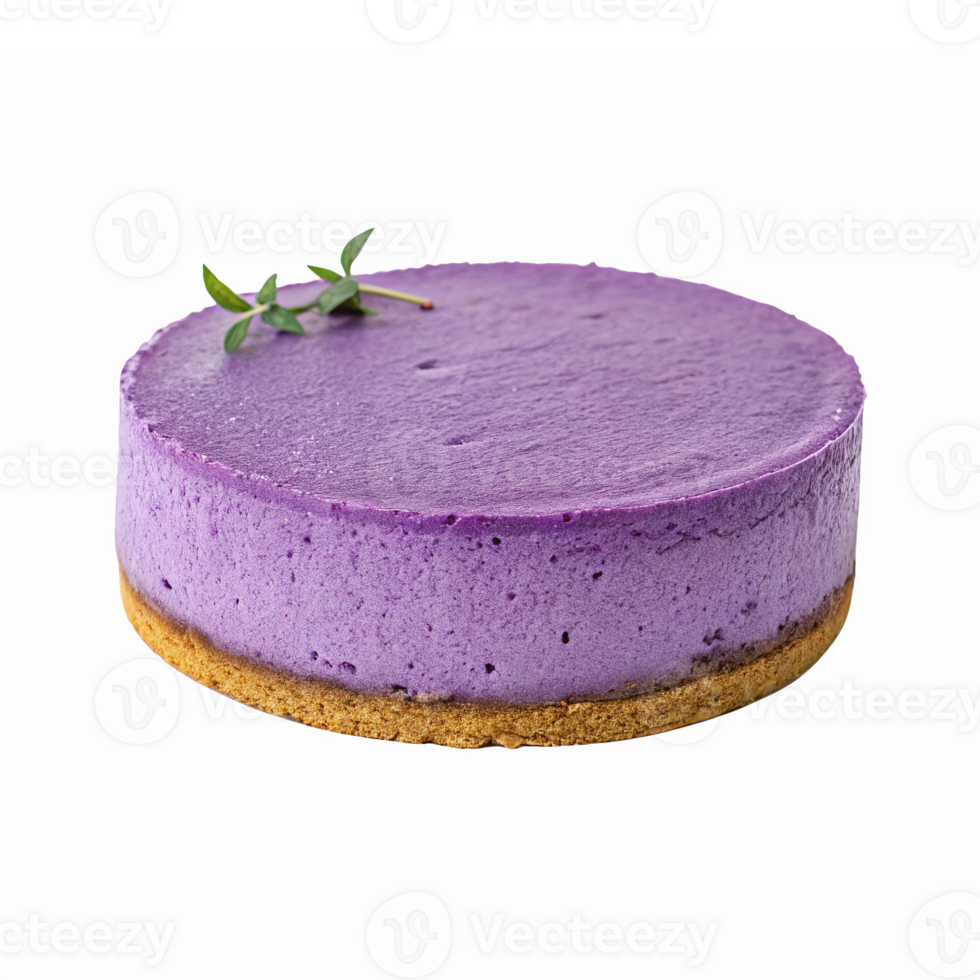 Delicious Purple Cheesecake with Smooth Topping on a Golden Crust Featuring Mint Garnish png