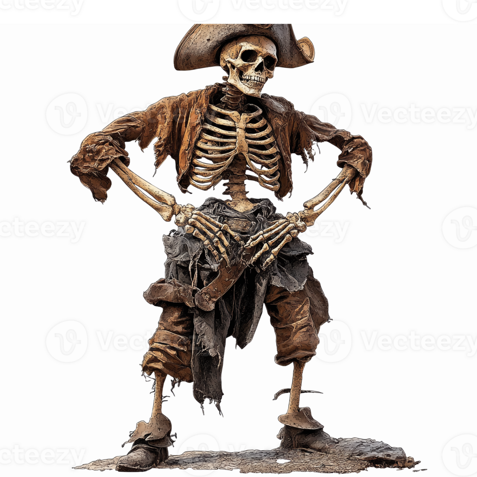 Spooky Pirate Skeleton Character in Tattered Clothing with Playful Pose on Transparent Background png