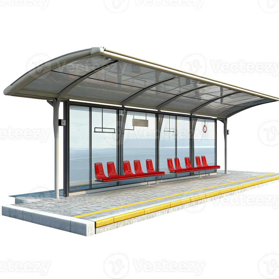 Modern Bus Shelter with Red Seating and Clear Roof Offering Urban Transportation Solutions png