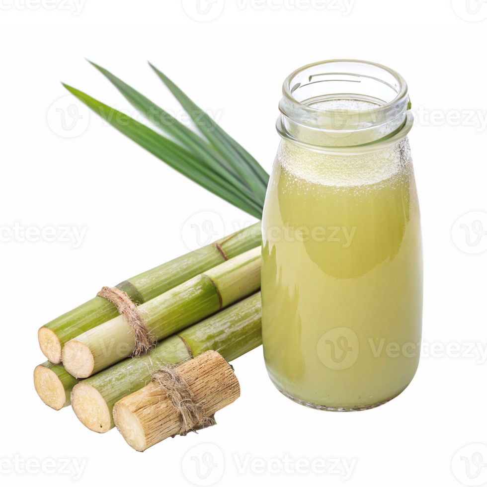 Fresh Sugarcane Juice in Glass Jar with Sugarcane Stalks and Green Leaves for Healthy Drinks png