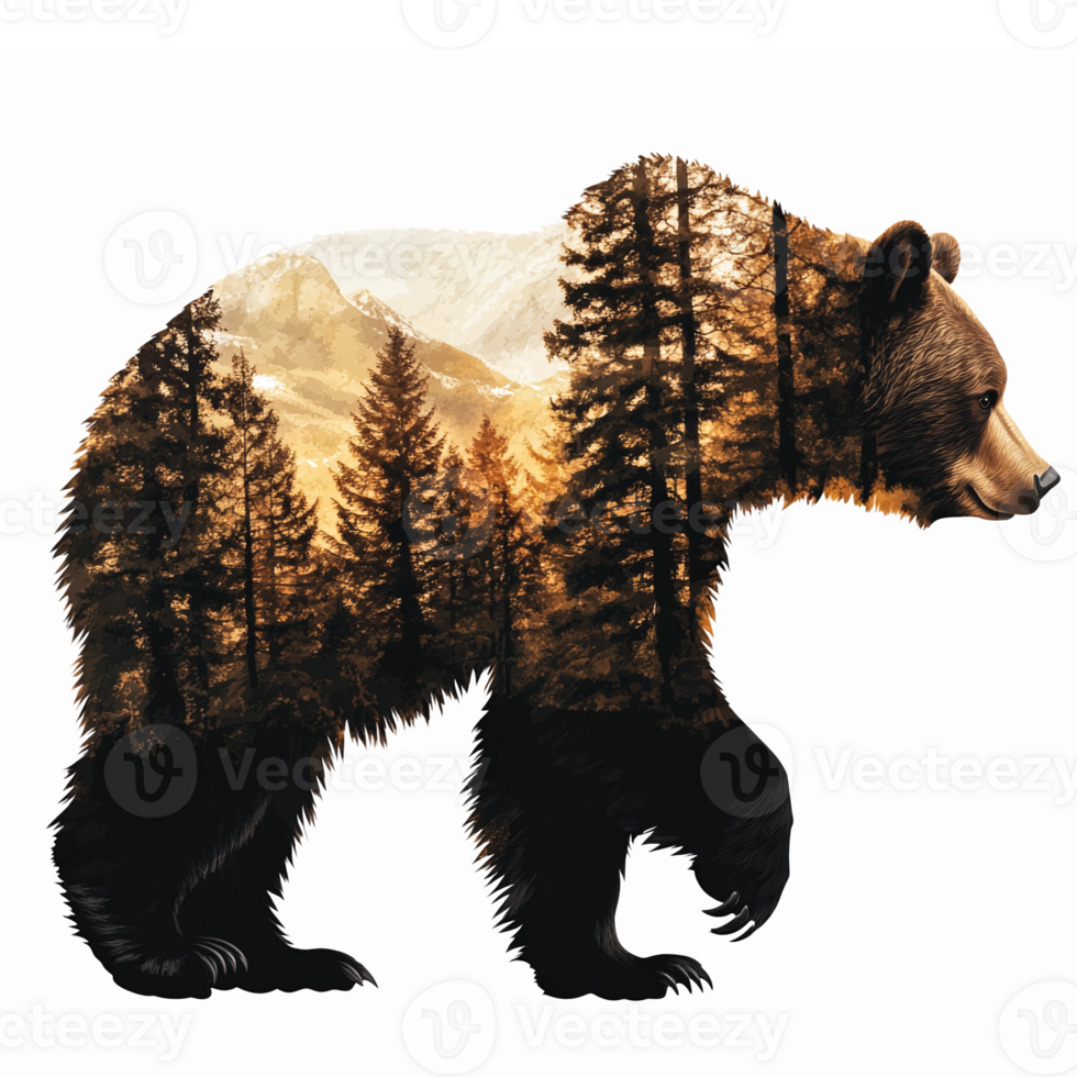 Majestic Bear Silhouette with Forest Landscape and Mountains for Nature and Wildlife Themes png