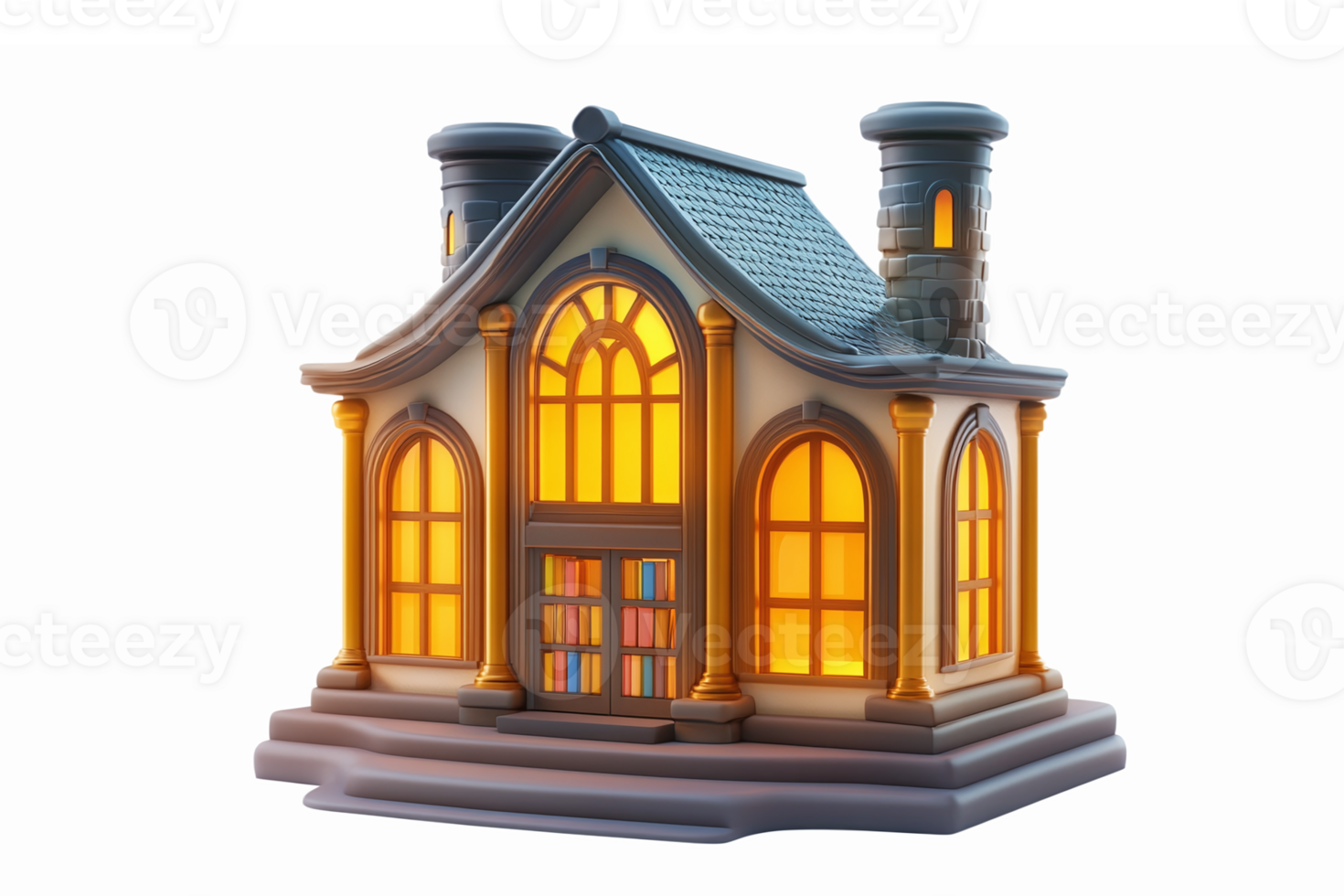 Charming Cozy Library Building with Warm Lighting and Detailed Architecture png
