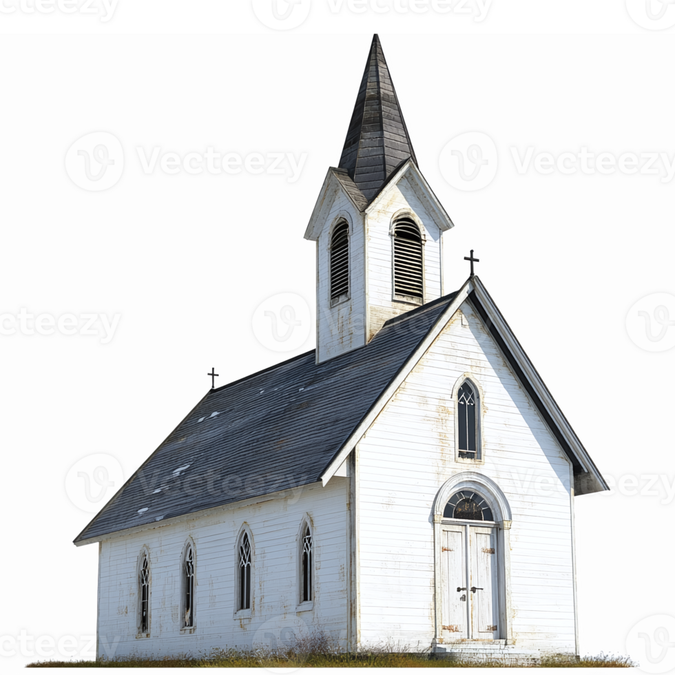 Isolated White Wooden Church with Tall Steeple on Transparent Background png
