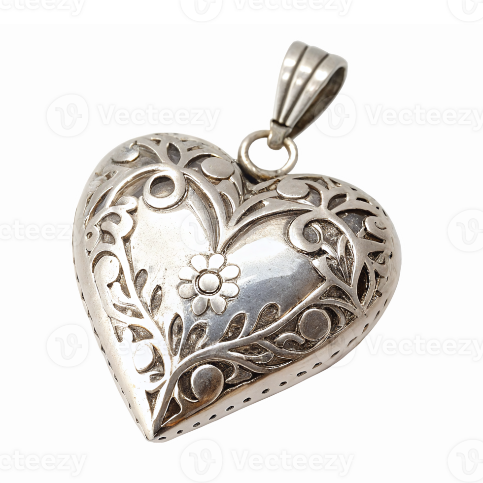 Intricate Silver Heart Pendant with Floral Design on Transparent Background png
