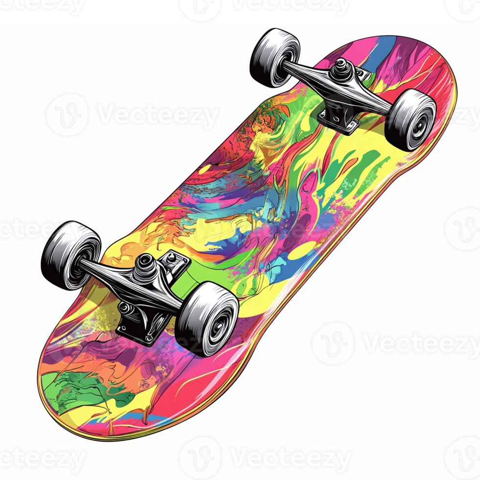Vibrant Colorful Skateboard Design with Abstract Swirl Patterns for Sport and Street Culture png