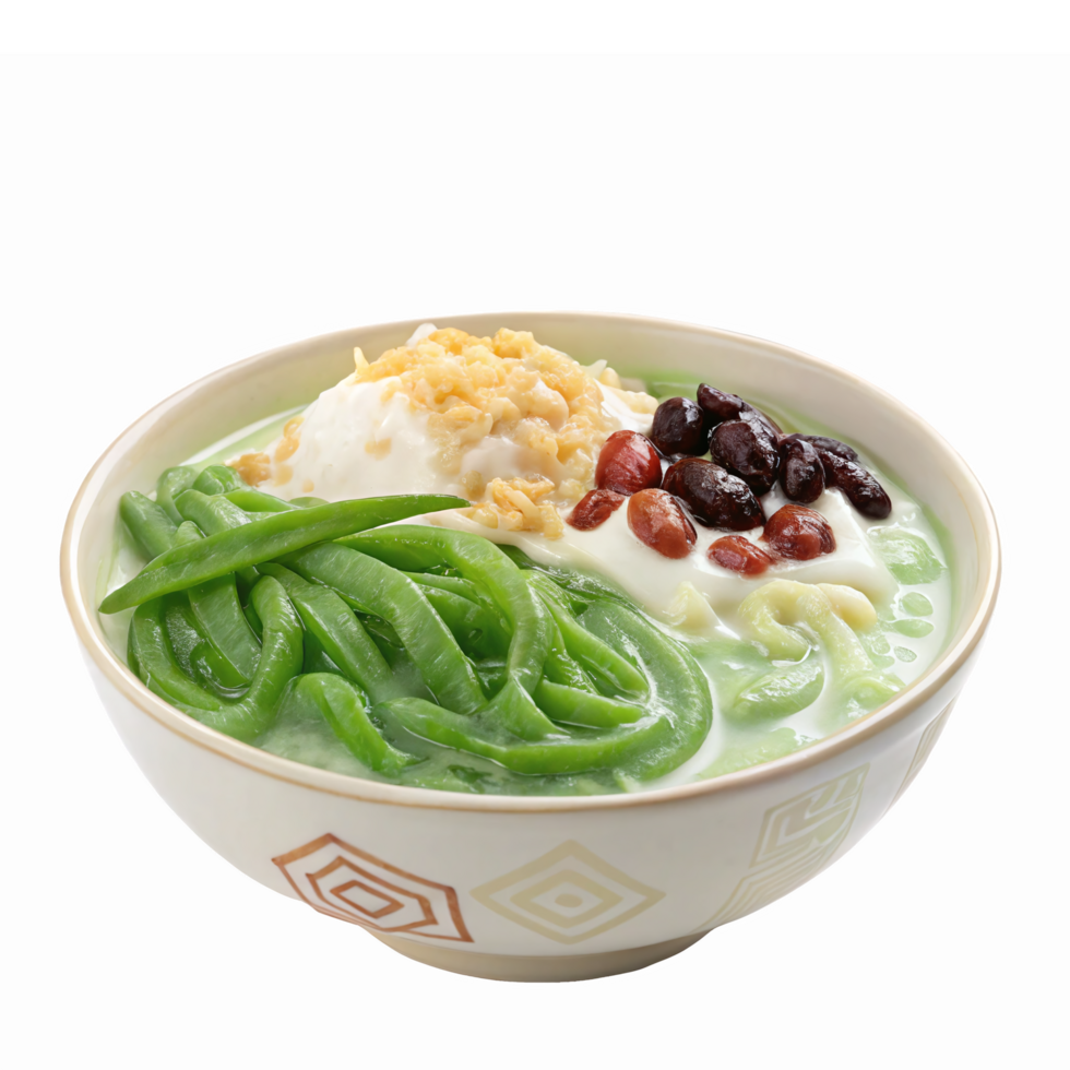 Delicious Bowl of Green Cendol Dessert with Toppings Coconut Milk Pandan Jelly and Red Beans png