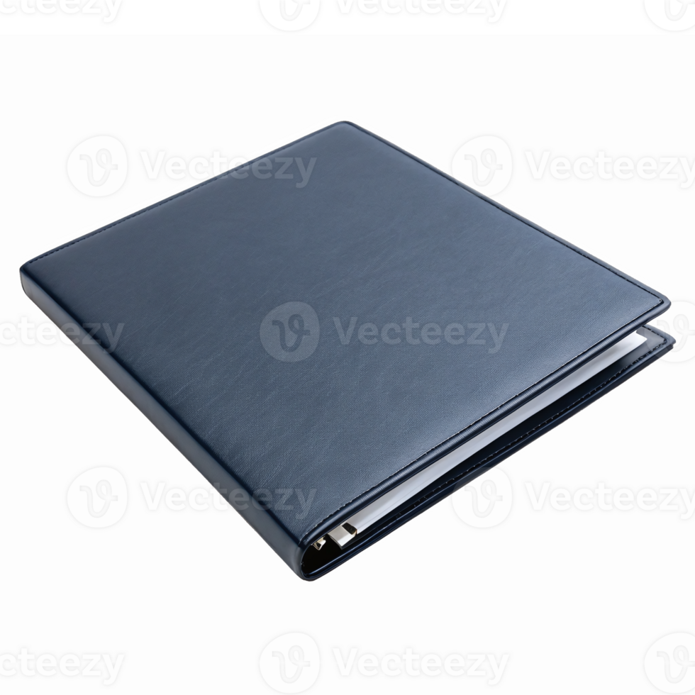 Elegant Navy Blue Leather Portfolio Binder with Transparent Background for Professional Use png